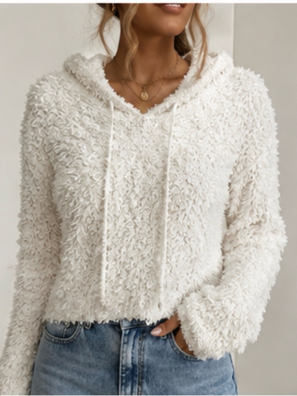 POL Off-White Plush Drawstring Hoodie
